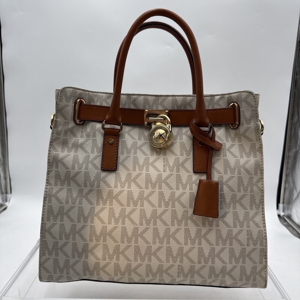 Michael Kors Hamilton Large Vanilla Brown Monogram Bag READ